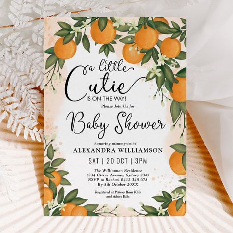 Little Cutie Clementine Orange Citrus Baby Shower Invitation - tap to personalize and get yours #Invitation #little #cutie, #hand #painted #illustration, Cutie Is On The Way, Clementine Orange, Gender Neutral Invitations, Citrus Baby, Orange Baby Shower, Gender Neutral Baby Shower Invitations, Orange Citrus, Summer Garden Party, Orange Baby