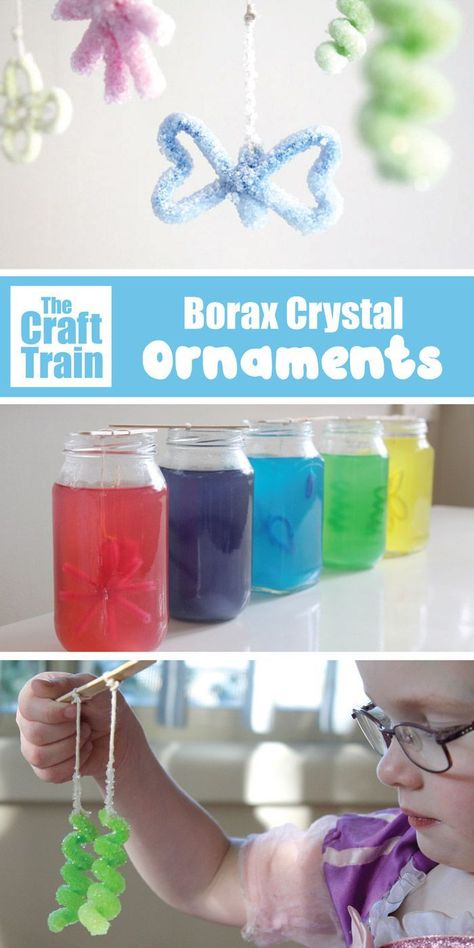 Borax Crystal Ornaments, Borax Crystals, Train Ornament, Stem Crafts, Science Chemistry, Pipe Cleaners, Preschool Science, Crystal Ornament, Science Experiment