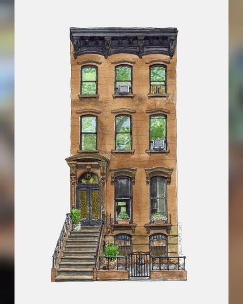 Nyc Brownstone, New York Drawing, New York Brownstone, Nyc House, Nyc Townhouse, Town House Architecture, Townhouse Exterior, New York Buildings, Town Houses