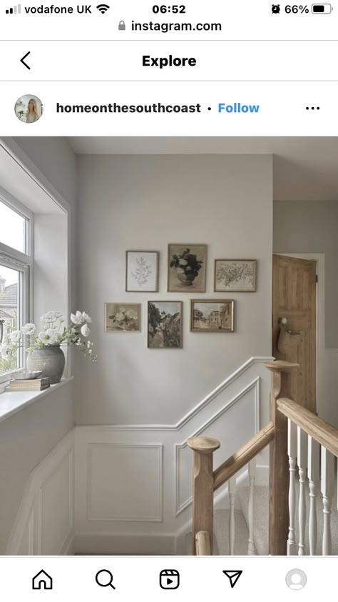 Hallway Wall Moulding, Hallway Wall Moulding Ideas, Picture Frame Moulding Staircase, Picture Frame Molding On Stairs, Stair Landing Decor Ideas With Window, Wall Moulding Stairs, Entryway Moulding Ideas, Molding On Stairway Wall, Picture Frame Molding Stairs