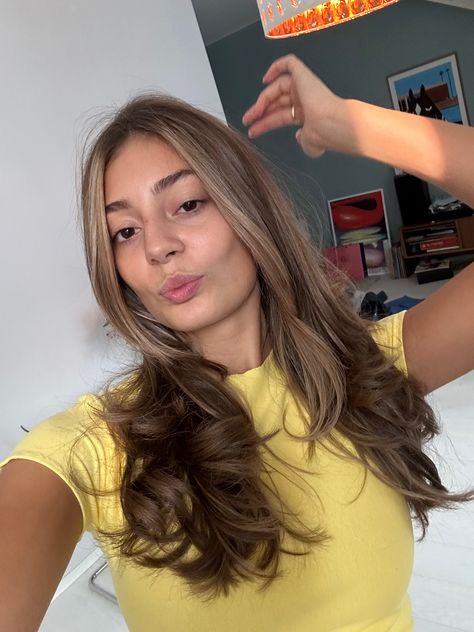 Brown Hair With Yellow Highlights, Hair Fall 2023, Fall Hair Brunette, Yellow Highlights, Hair Brunette, Brunette Color, Brown Highlights, Hair Fall, Fall 2023