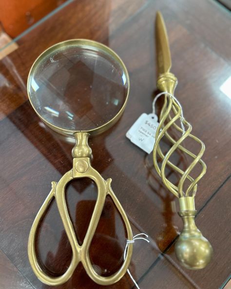 Vintage brass magnifying glass and letter opener $450 each Letter Opener, Magnifying Glass, Vintage Brass, Brass, Glass