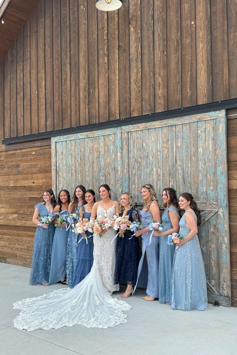 mismatched and blue!! love these bridesmaid dresses #wedding #weddingcontentcreator #bluedresses #bridesmaiddresses Mismatched Bridesmaid Dresses Blue, Bridesmaid Dresses Mismatched, Wedding Content, Upstate Ny Wedding, January Wedding, Dusty Blue Bridesmaid Dresses, Blue Bridesmaid Dress, Mismatched Bridesmaid Dresses, Bride Squad