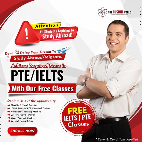 Attention All Students Aspiring To Study Abroad! Don't Dealy Your Dream To Study Abroad/Migrate. Achieve Required Score In PTE/IELTS With Our Free Classes. ✔️ Flexible & Small Batches ✔️ IDP & Pearson PTE Certified Trainer ✔️ Advanced Teaching Method ✔️ Latest Study Material ✔️ Clear Your All Doubts ✔️ Special Tips & Tricks Don't miss out the opportunity. Book your seat hurry up! Offer for limited time period! #freeielts #freepte #freeclasses #ieltsprep #pteprep #higherbandscore Free Classes, Study Material, Time Period, Tips Tricks, Study Materials, To Study, Study Abroad, Media Design, Small Batches