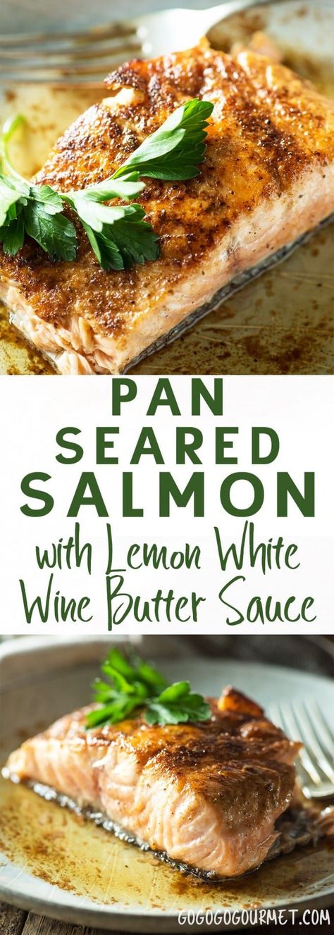 This Pan Seared Salmon with Lemon White Wine Butter Sauce is a fast and easy salmon recipe for busy weeknights. Lemon White Wine Sauce, Wine Butter Sauce, Salmon Recipe Pan, Easy Salmon Recipe, White Wine Butter Sauce, Salmon Recipes Pan Seared, Salmon With Lemon, Wine Butter, Garlic Butter Salmon