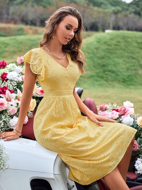 Yellow Boho  Cap Sleeve Polyester Plain A Line  Non-Stretch Summer Women Dresses Yellow Boho Wedding, Yellow Summer Dresses, Anastasia Outfits, Yellow Eyelet Dress, Brides Maid Gown, Summer Cloth, Elegant Floral Dress, Elegant Outfit Classy, Lightweight Dress