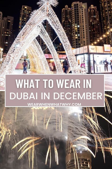 two pictures of Dubai celebrating christmas and New Years eve Dubai New Years Eve Outfit, Dubai Outfits Ideas January, Dubai Inspired Outfits, Dubai In Winter, Dubai Winter Outfits Ideas, Dresses For Dubai Trip, Dubai Tourist Outfit, Packing For Dubai, Dubai December Outfit