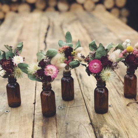 Dried Flower Posy, Flower Posy, Nelson New Zealand, Flowers In Jars, Amber Bottles, Flowers Wedding, Dried Flower, Garden Wedding, Engagement Party