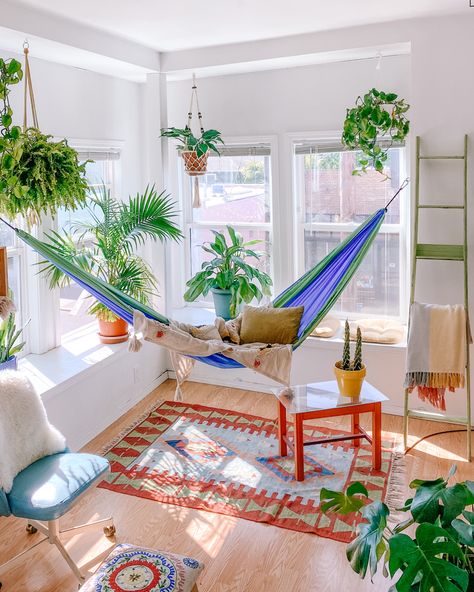 Colorful Bedroom With Plants, Colorful Plant Room, Colorful Apartment Aesthetic Bedroom, Hammock In Living Room, Plant Filled Room, Plant Filled Living Room, Roommate House, Living Room Hammock, Hammock In Bedroom