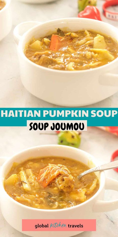 Haitian Pumpkin Soup Recipe, Haitian Soup, Best Pumpkin Soup, Soup Joumou, Pasta And Vegetables, Warm Soup Recipes, Goat Recipes, Pumpkin Salad, Pumpkin Soup Recipe