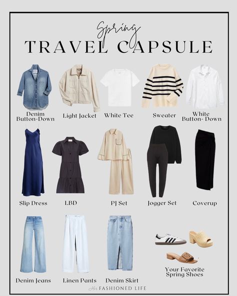 spring travel capsule Spring Travel Packing List, Smart Travel Outfits, Capsule Wardrobe Summer Travel, Spring Europe Travel Outfits, Travel Wardrobe Capsule, Travel Capsule Wardrobe Spring, Spring Travel Capsule, Capsule Packing, Summer Smart Casual