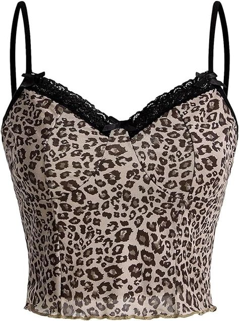 Cheetah Style, Leopard Print Cami, Lace Camisole Top, Spaghetti Strap Crop Top, Womens Camisoles, Spaghetti Strap Tank Top, Slim Fit Top, Cute Tank Tops, Lace Camisole