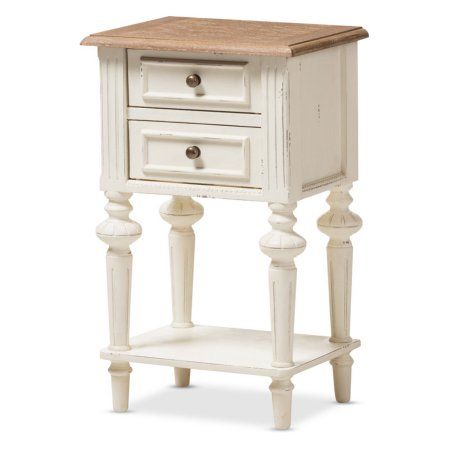 Baxton Studio Marquetterie French Provincial Weathered Oak and Distressed White Wash 2 Drawer Nightstand with Shelf, Beige French Provincial Nightstand, Affordable Nightstand, Designer Nightstand, French Provincial Design, Shelf Nightstand, Provincial Style, Style Nightstand, French Provincial Style, White Nightstand