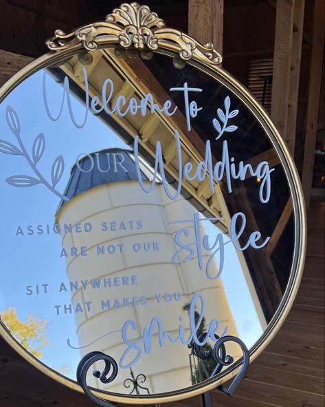 Assigned seats are not our style…Sit anywhere that makes you smile! ❤️ Welcome To Our Wedding Mirror, Wedding Mirror Sign, Wedding Mirror, Mirror Sign, Welcome To Our Wedding, You Smile, Meaningful Gifts, Make You Smile, Alex And Ani Charm Bracelet