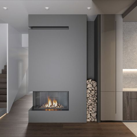 Fireplace Interior Design, Fireplace Interior, Feature Fireplace, Fireplace Accent Walls, Grey Fireplace, Accent Wall Colors, Wood Stove Fireplace, Log Store, Glass Fireplace