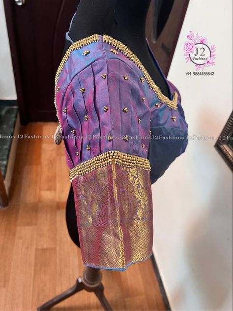 Double shade purple Color simple iron pleasured bridal blouse work in wholesale price. Exclusive bridal blouse work /Aari Zardosi work in wholesale price in chennai for appointment +91 9884455842. ❤️ All exclusive bridal/Aari work blouse in wholesale price. ❤️ Urgent orders also undertaken 5 to 10 days delivery time. ❤️ Visit us at chennai , Anna Nagar East . ❤ Worldwide shipping,online orders, courier orders and further details. ❤ YouTube : www.youtube.com/j2fashions 🧵 Facebook page: w Simple Aari Work Puff Blouse Design, Double Shade Blouse Design, Pleated Sleeves Blouse Saree, Puff Sleeve Aari Work Design, Double Color Blouse Design, Puff Sleeve Aari Work Blouse, Puff Hands, Bridal Blouse Work, Bridal Aari Work Blouse