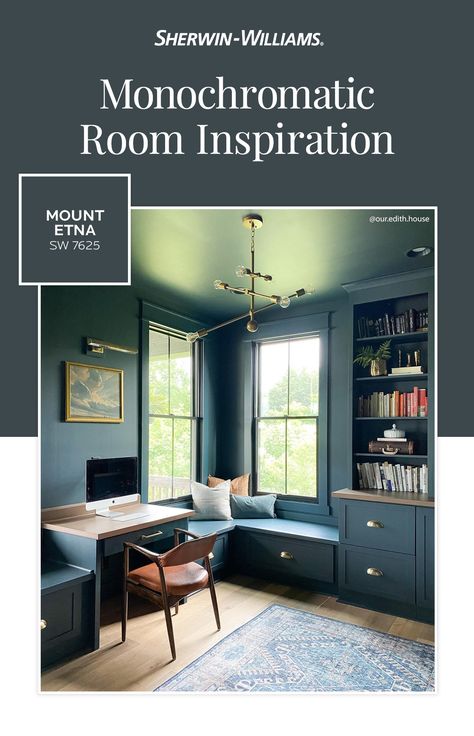 Monochromatic Room Ideas, Monochrome Room Paint, Mount Etna Sherwin Williams Bedroom, Mount Etna Color Palette, Monochromatic Decorating Ideas, My Etna Sherwin Williams, Monochromatic Painted Rooms, Monochromatic Bedroom Paint, Monochromatic Blue Bedroom