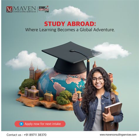 "Turn your study abroad dreams into a reality! 🌏🌟 Apply now for the next intake and embark on a learning adventure that knows no bounds. 🚀📖 #NoBoundariesLearning #StudyAbroadGoals" Get in touch with us for expert counselling at +91 89711 38370 or visit www.mavenconsultingservices.com For more Information regarding Study Abroad. Newspaper Design Layout, Abroad Study, Admissions Poster, British House, Company Quotes, Data Design, Newspaper Design, Banner Images, Sale Banner