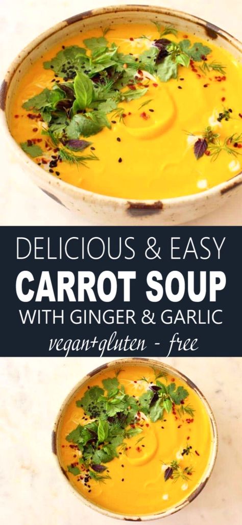 Carrot Ginger Coconut Soup, Carrot And Parsnip Soup, Carrot Ginger Soup Recipe, Recipe With Ginger, Vegan Carrot Soup, Veggie Society, Pumpkin Puree Recipes, Creamy Carrot Soup, Parsnip Soup