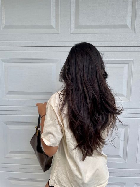 Deep V Layered Haircut, Haircut Layers Long Straight, Medium Long Haircut Thick Hair, V Style Haircut Long Layered, Long Layered Haircuts Dark Hair, Long Dark Brown Layered Hair, Chunky Layers Long Hair Straight, V Cut Layers Long Hair, Long Haircut Dark Hair