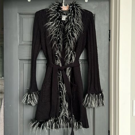 Excellent Condition, New Condition, Never Worn, Purchased At A Trade Show In Nyc, Warm Cotton/ Acrylic Black Cable Knit Cardigan Sweater, Fro T Pockets, Trimmed In Faux Fur, Tie At Waist, No Stains, Tears, Rips, Fraying, Etc. Smoke Free /Pet Free Home. Make An Offer! Fur Cardigan, Cable Knit Sweater Cardigan, Y2k Sweater, Thrift Finds, Vintage Fur, Cable Knit Cardigan, Bunny Girl, Autumn Inspiration, Trade Show