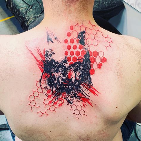 Trashpolka Tattoo, Samurai Mask Tattoo, Tattoo Back Tattoo, Tattoo Man, Polka Tattoo, Samurai Mask, Man Tattoo, Tattoo Back, Trash Polka Tattoo