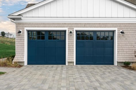 Nautical Navy Garage Doors | HGTV Navy Garage Door, Navy Garage, Lake House Garage, Paint Wood Paneling, Garage Door Modern, Enclosed Carport, Contemporary Backyard, Beige House, Garage Door Styles