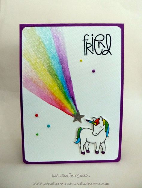 InvisiblePinkCards: Unicorn rainbow. Lawn Fawn Critters Ever After, watercolour with Tim Holtz distress markers, glitter mist and coloured pearls Unicorn Greeting Cards Diy, Bff Birthday Card, Kids Art Journal, Unicorn Cards, Unicorn Birthday Card, Scrappy Cards, Unicorn Birthday Cards, Distress Markers, Rainbow Unicorn Birthday