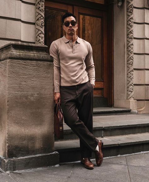 Men fall outfit brown outfit men oldmoney style men longsleeve outfit Deep Autumn Men Outfits, Brown Velvet Pants Outfit, Longsleeves Outfit Men, Brown Outfit Men, Long Sleeve Polo Outfit, Dinner Outfit Men, Velvet Pants Outfit, Longsleeves Outfit, Dark Brown Dress Pants