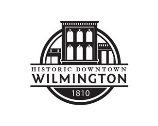 Historic Downtown Wilmington logo. Clean & balanced. Simple classic sample of a seal type logo with serif & sans serif fonts. Not sure if this is for Wilmington, DE or NC… Historic Logo Design, Film Company Logo, City Logos Design, Logo Building, Historical Logo, Library Logo, City Branding, Logo Design Examples, Building Logo