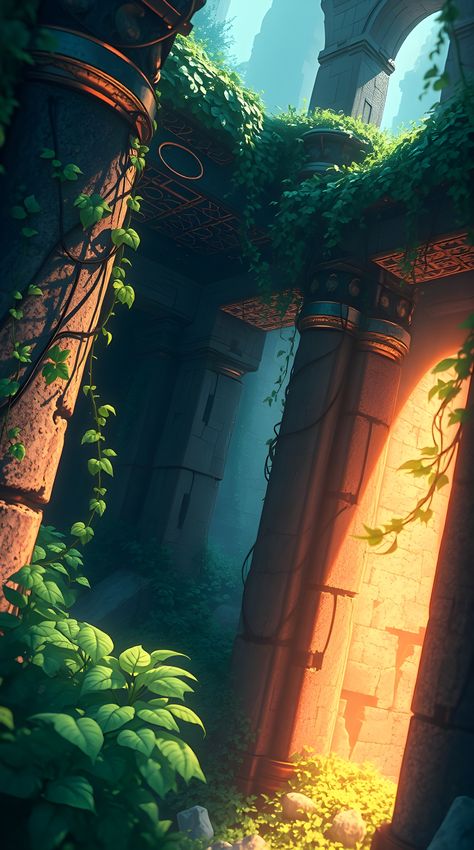 Creative light art, tight close-up shot, Isekai anime style, depicting ancient ruins overgrown with vines, expressive composition, artistic lighting, abstract patterns, detailed focus.