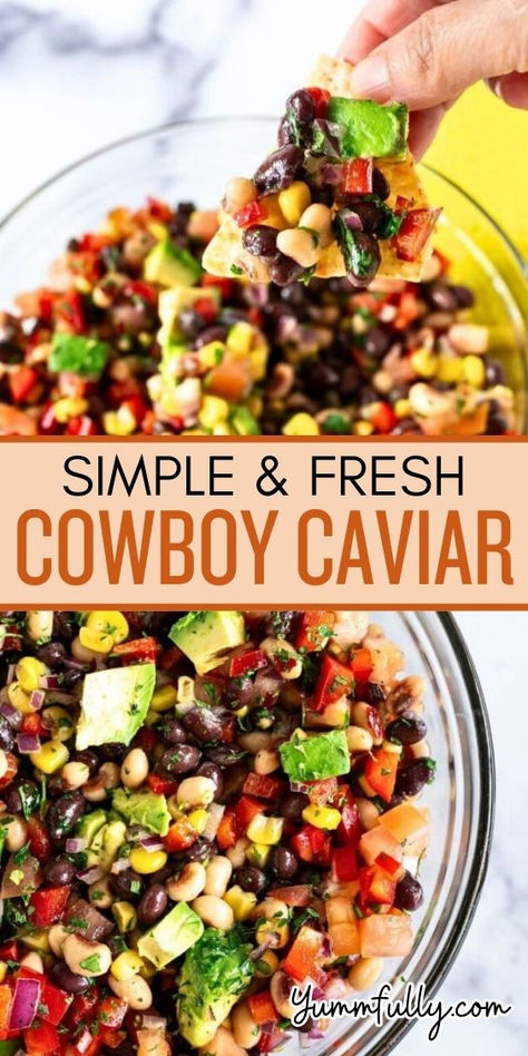 Cowboy Caviar can be served as a dip or as a side salad. Tomatoes, avocados, beans, and corn are bathed in a zesty dressing for a healthy and delicious meal. Whether you eat it with a fork or with chips, you’ll get a burst of amazing flavor and texture in every bite! Greek Pastry, Health Meal Prep, Beans And Corn, Cowboy Caviar, Fast Dinner Recipes, Thanksgiving Cooking, Easy Healthy Meal Prep, Veggie Side Dishes, Healthy Kitchen