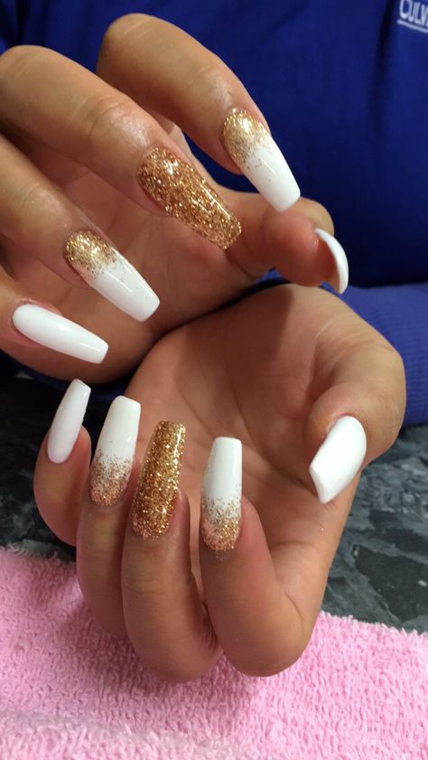 25th Bday Nails, White And Golden Nails, White Nails With Gold Glitter, Prom 2k23, Gold French Tip, White Nails With Gold, Bday Nails, Golden Nails, Gold Nail Designs