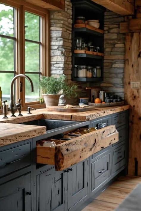 27 Kitchen Makeover Ideas That Transform Ordinary Spaces Into Masterpieces | DIY Vibes Cabin Kitchens, Rustic Farmhouse Kitchen, Rustic Kitchen Design, Farmhouse Kitchen Design, Dark Kitchen Cabinets, Furniture Kitchen, Counter Tops, Rustic Cabin, Kitchen Makeover