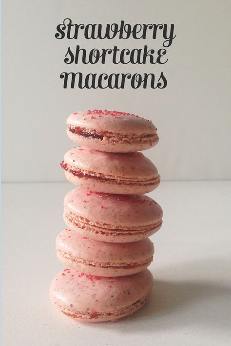 Strawberry Shortcake Macarons // Feast West Recipe For Strawberry Shortcake, Strawberry Shortcake Recipes, Macaron Cookies, Ground Almonds, French Pastries, Red Food, Strawberry Jam, Sandwich Cookies, Strawberry Recipes