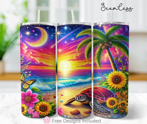 Sunflower & Turtle Tumbler Wrap, 20oz Skinny Tumbler Seamless, Tropical Sunset Beach Wrap Template, Tumbler Wrap Designs, DIGITAL ONLY by ShopThatCreativeNerd on Etsy Alcohol Ink Sunset Tumbler, Beach Tumbler Turtle, Hawaiian Sublimation Tumblers, Sunflower Tumbler Wrap, Beach Wrap, Free Tumbler, Custom Tumblers, Beach Sunset, Tumbler Designs