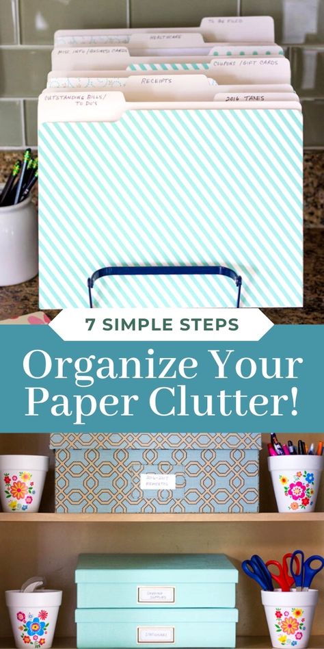 Create a simple system to organize your paper clutter including bills, mementos, and other important documents with these 7 simple steps! Once you have the system in place you'll never need to organize your paper clutter again! Important Paper Storage, Best Way To Store Important Documents, Office Paper Organization Ideas, Paper Filing Organization, How To Organize Bills And Paperwork, How To Organize Your Desk At Home, Organizing Papers At Home, Organize Documents At Home, Paper Storage Organization