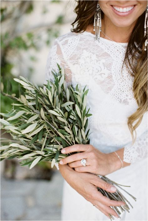 Wedding Bouquet of Olive branches by Greenwood Events Grace Loves Lace Jeremiah and Rachel Photography La Venta Inn, Palos Verdes, California Bouquet Olive Leaves, Wedding Bouquet Olive, Branches Wedding Decor, Classic Garden Wedding, Olive Branch Wedding, Olive Green Weddings, Olive Wedding, Rental Wedding Dresses, Provence Wedding