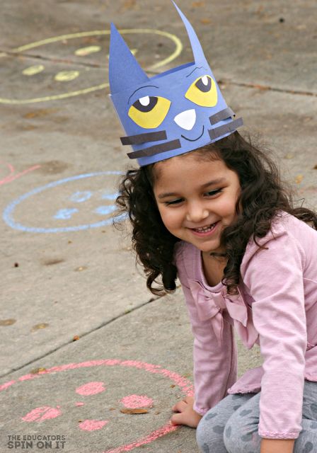 Pete the Cat Themed Movement Activity for Kids.  A fun way to get moving inspired by reading books with kids. Chalk Activities For Kids, Cat Movement, Sidewalk Chalk Activities, Button Activities, Cat Activities, Chalk Activities, Therapy Music, Education Games, Cat Activity