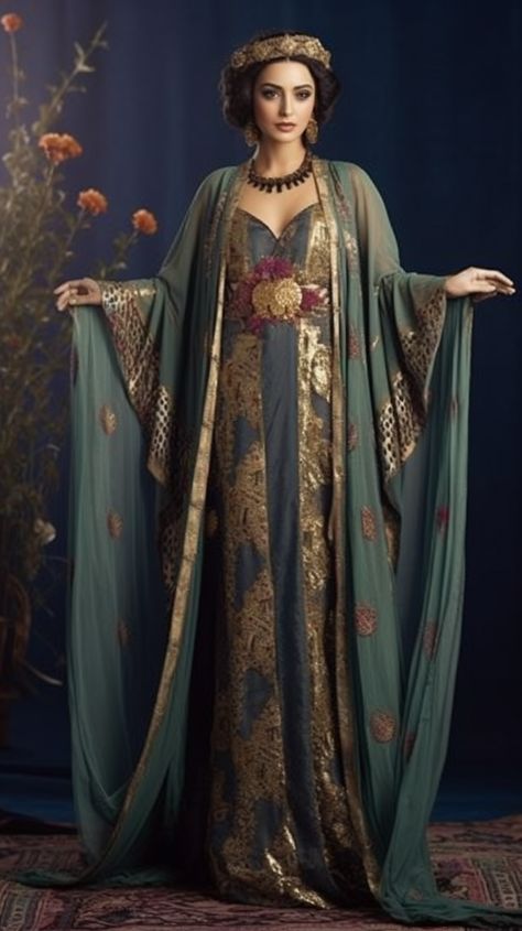 Middle Eastern Royal Clothing, Middle Eastern Clothing Women, Middle Eastern Traditional Clothing, Fantasy Arabian Clothes, Arabian Outfits For Women, Traditional Persian Clothing, Ancient Persian Clothing, Egyptian Traditional Clothing, Persian Dress