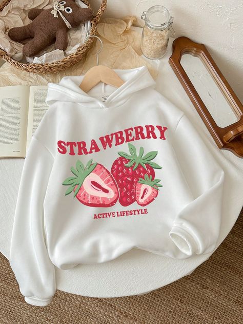 Tween Girls Vintage Casual Strawberry Print White Long Sleeve Loose Hoodie Sweatshirt For Fall Winter White   Long Sleeve Knitted Fabric Letter,Plants Pullovers Slight Stretch  Tween Girls Clothing, size features are:Bust: ,Length: ,Sleeve Length: Cute Funny Hoodies, Cute Clothes For Winter, Cheap Kawaii Clothes, Kawaii Products, Kawaii Sweatshirt, Cottagecore Clothes, Cute Clothing, Loose Hoodie, Cute Shirt Designs