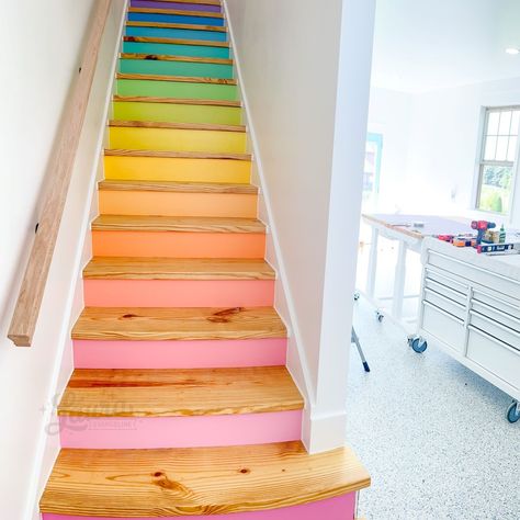 Reveal: Rainbow Painted Stairs! – Laura Evangeline Black Painted Stairs, Painted Stairs Ideas, Painted Stair Risers, Painted Staircases, Staircase Runner, Diy Gallery Wall, Dark Paint Colors, Stairs Ideas, Staircase Makeover