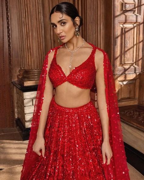 All posts • Instagram Red Indian Bridal Outfit, Red Sequin Lehenga, Pretty Lehengas, Red Lengha, Pakistani Attire, Blouse With Tassels, Strappy Blouse, Sequin Lehenga, Desi Vibes