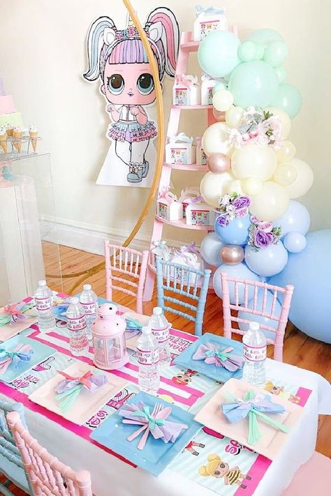 Take a look like this adorable LOL Surprise Dolls birthday party! The table settings are stunning! See more party ideas and share yours at CatchMyParty.com Lol Surprise Dolls Party Ideas, Birthday Lol Surprise, Birthday Lol, Girls Birthday Party Themes, Lol Surprise Dolls, Doll Party, Girl Birthday Party, Kid Table, Lol Dolls