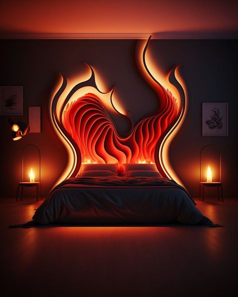 Romantic Wallpaper For Bedroom, Fire Room Aesthetic, Fire Themed Bedroom, Moody Eclectic Bedroom, Dark Fantasy Bedroom, Forest Room Aesthetic, Romantic Gothic Home Decor, Witchcore Bedroom, Cyberpunk Bedroom