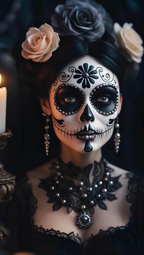 Makijaż Sugar Skull, Catrina Costume, Halloween Makeup Sugar Skull, Sugar Skull Artwork, Creepy Halloween Makeup, Den Mrtvých, Halloween Makeup Diy, Halloween Beauty, Sugar Skull Makeup