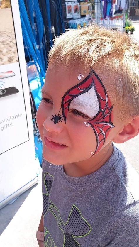 Easy Facepainting Kids Boys, Easy Spiderman Face Painting, Facepainting Spiderman Easy, Spiderman Halloween Face Paint, Spider Man Face Paint Kids Easy, Spidey Face Paint, Miles Morales Face Paint, Simple Face Painting Ideas For Kids Boys, Spiderman Face Paint Easy