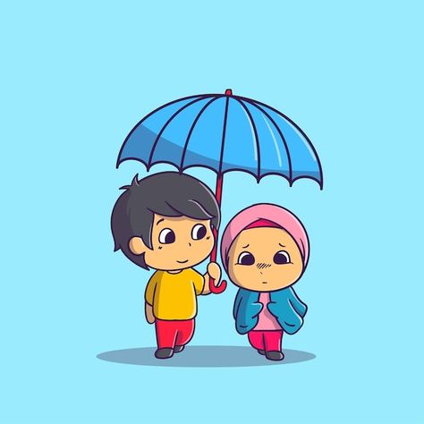 Cute couple in love with umbrella cartoo... | Premium Vector #Freepik #vector #muslim-girl #hijab-character #muslim-couple #cute-girl Sharing Umbrella Drawing, Sharing An Umbrella, Couple In Rain, Umbrella Cartoon, Umbrella Drawing, Couple In Love, Kids Book, Kids' Book, Cute Love Couple