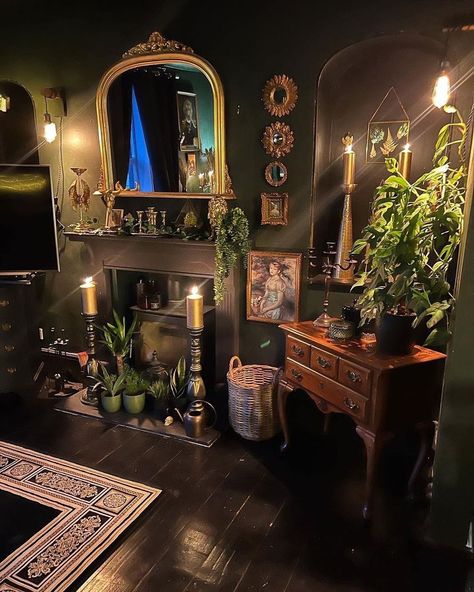 Goth Aesthetic House Decor, Gothic Themed Living Room, Swamp Witch Aesthetic Home, Dark Nature Home Aesthetic, Goth Hair Salon Decor, Romantic Goth Aesthetic Home, Whimsy Gothic Bedroom, Whimsical Gothic Living Room, Dark Botanical Aesthetic Room