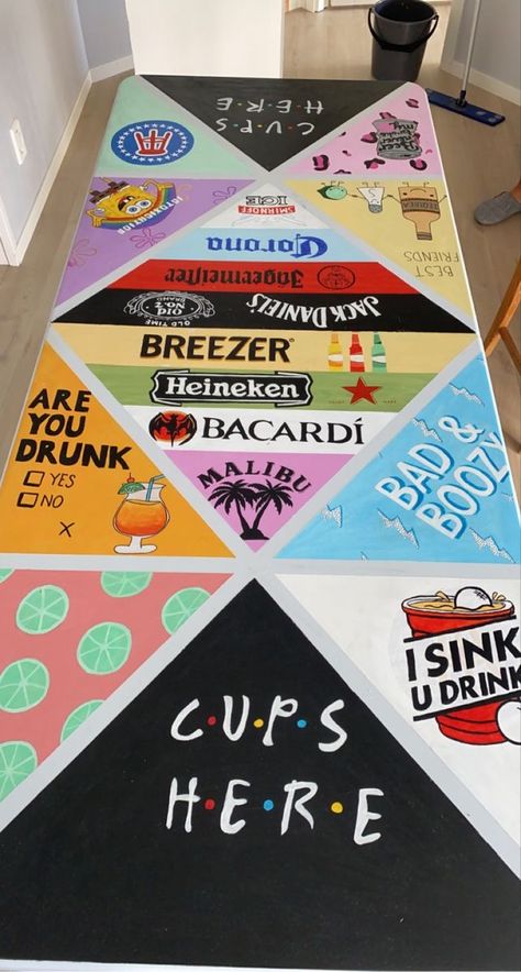 21st Birthday Beer Pong Table, Frat Party Aesthetic Decor, Cool Beer Pong Tables, Halloween Beer Pong Table, Beer Pong Table Painted Alcohol Brands, Bear Pong Tables, Beer Pong Table Template, Pong Table Layout, Frat Beer Pong Table